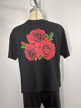 Rebellious One Black Short Sleeve Tee with Red Rose Graphic
